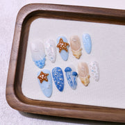 365nails：「深海水母」– 中長款杏仁形藍色海洋手工製穿戴甲