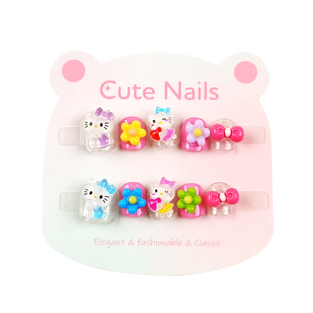 Children's multi-colored flower cartoon nail art 3D three-dimensional children's nail patch 10 pieces bow wear nail