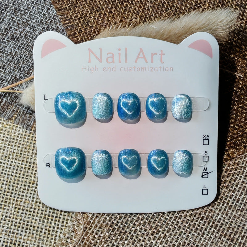 365nails: "ocean blue cat-eye heart" – handmade press-on pedicure