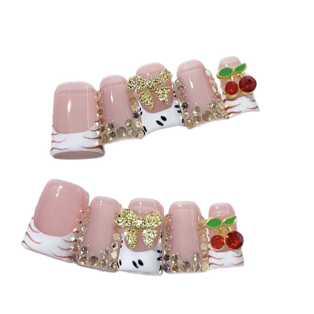 Cerise sauvage : "Cerise papillon zébrée" – Ongles press-on faits main carrés courts