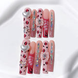 Pink Leopard Heart Crystal Glam Press On Nails