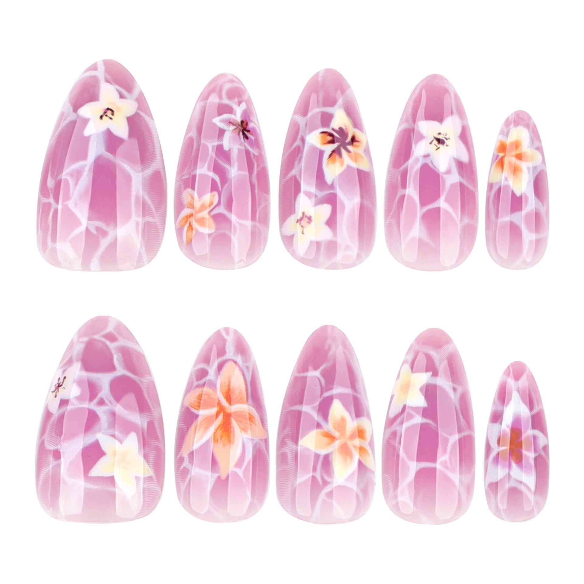 Uñas postizas con estampado de mármol, manicura fresca de verano con flores, almendra corta, ¡venta al por mayor! 365nails