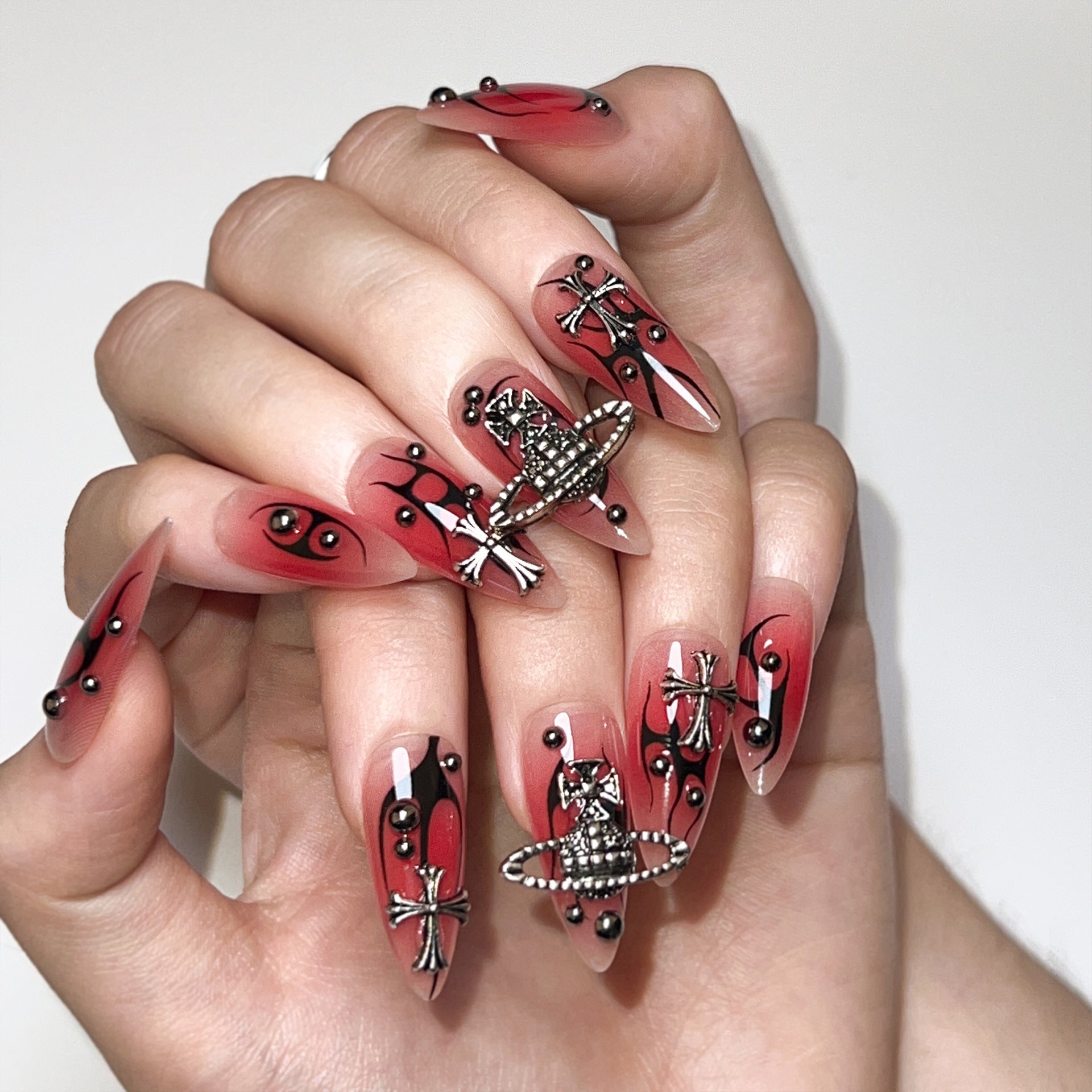 Red-Black Flame Press-On Nails | Stiletto | Handmade with Silver Cross & Planet Charms