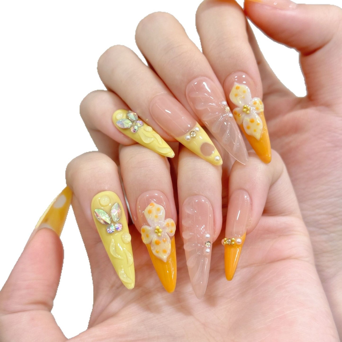 Vitality Orange French Three-dimensional Carved Egg Flower Advanced Sense Pure Desire White Pure Handmade nails | 365nails