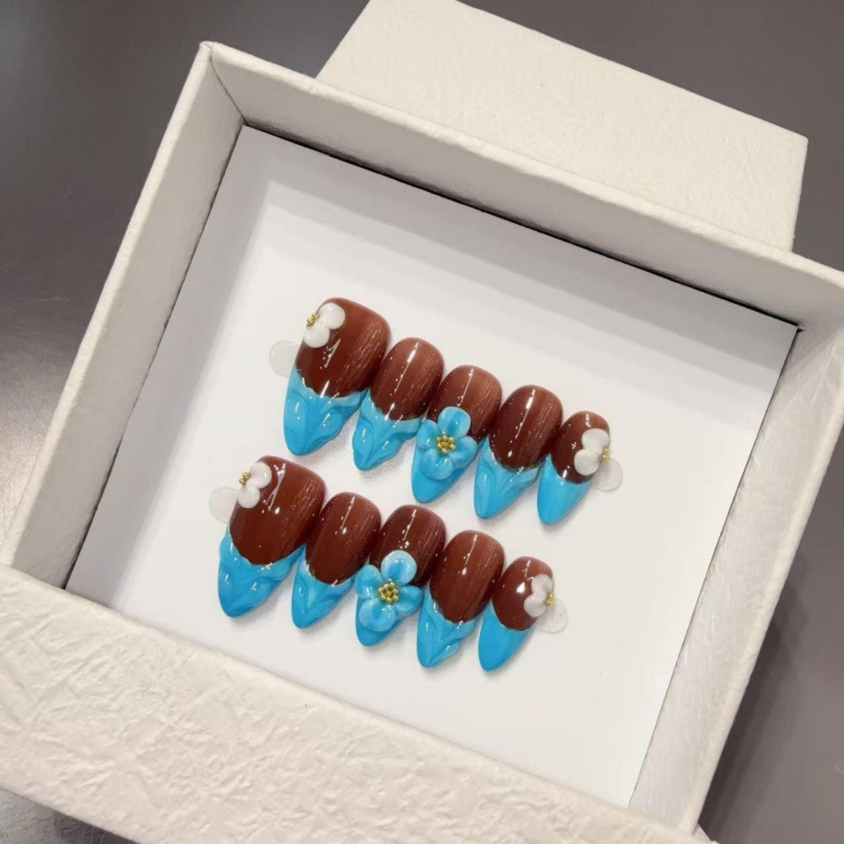 365nails: "Cocoa Bloom" – 3D Floral Handmade Coffin Nails