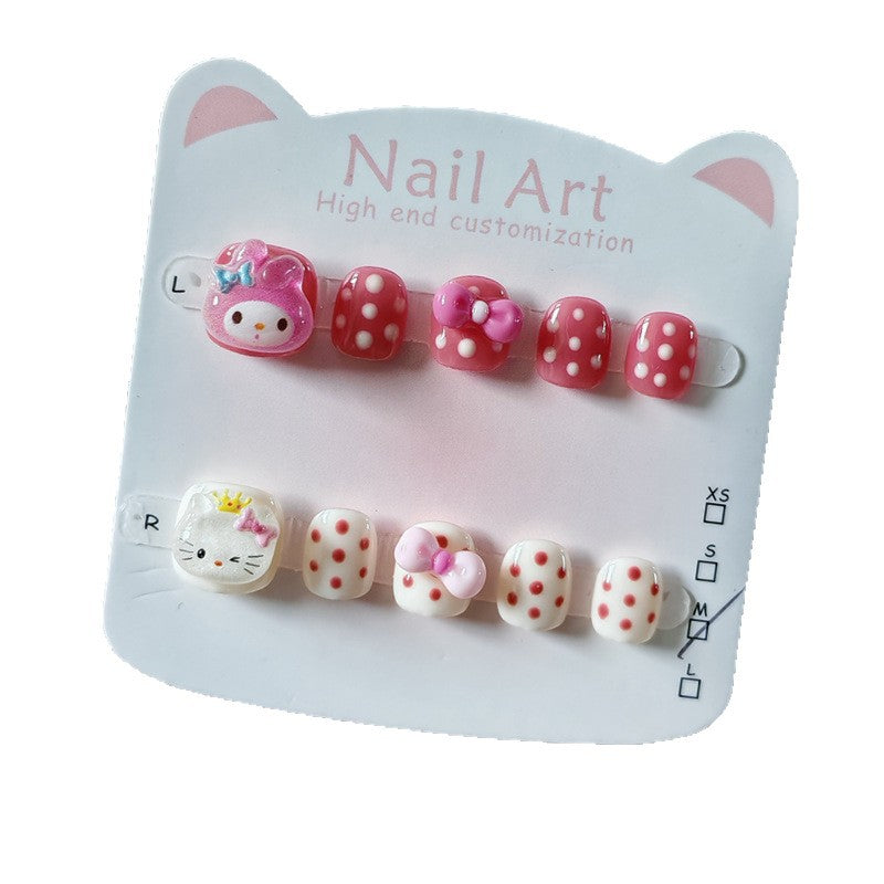 365nails: "polka dot kitty & melody" – short round handmade kids press-on nails