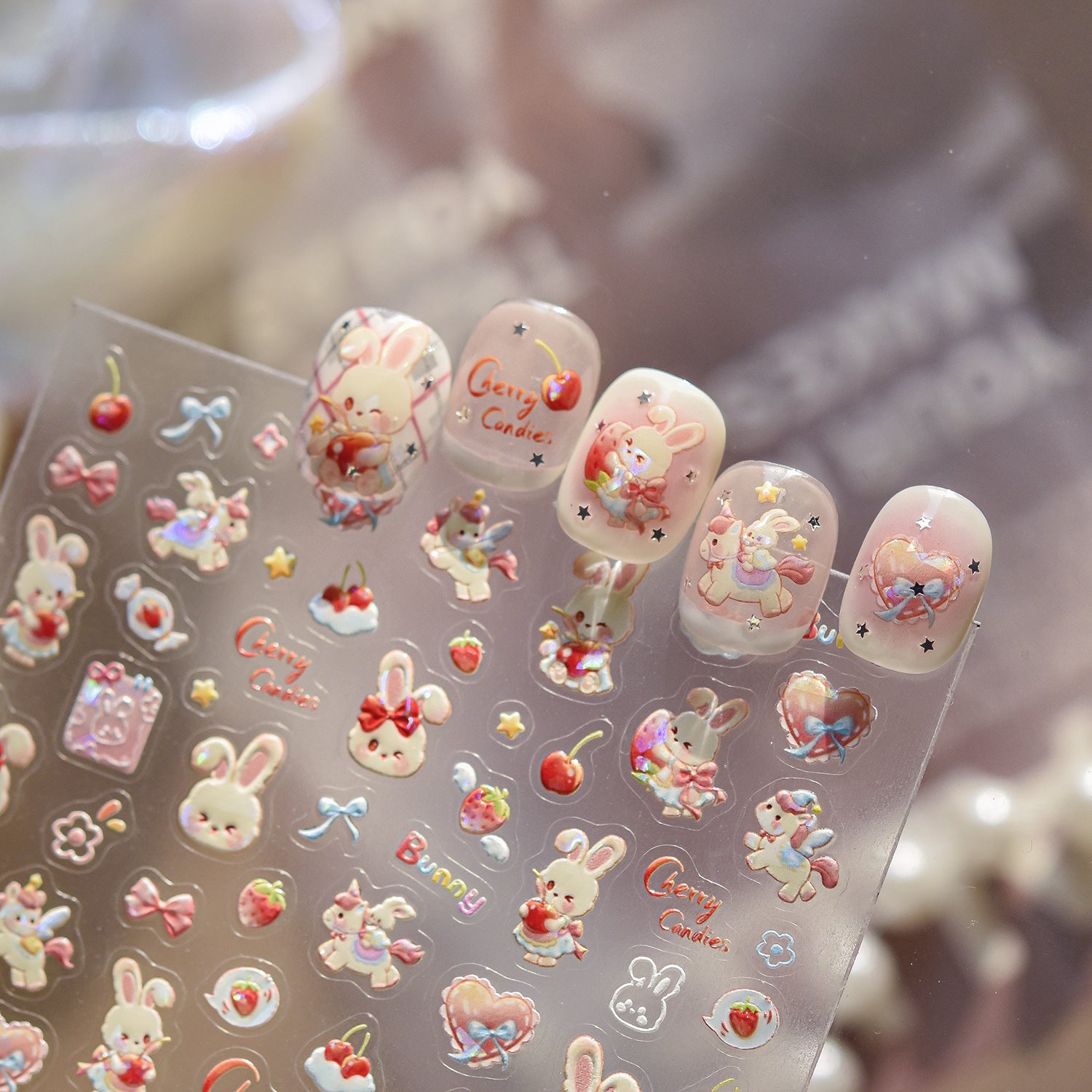 Cherry Bunny Collection: "Cute Cherry Bunny" – 3D Embossed Nail Sticker