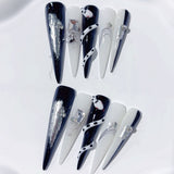 Black White Snake Graphic Crystal Statement Press On Nails