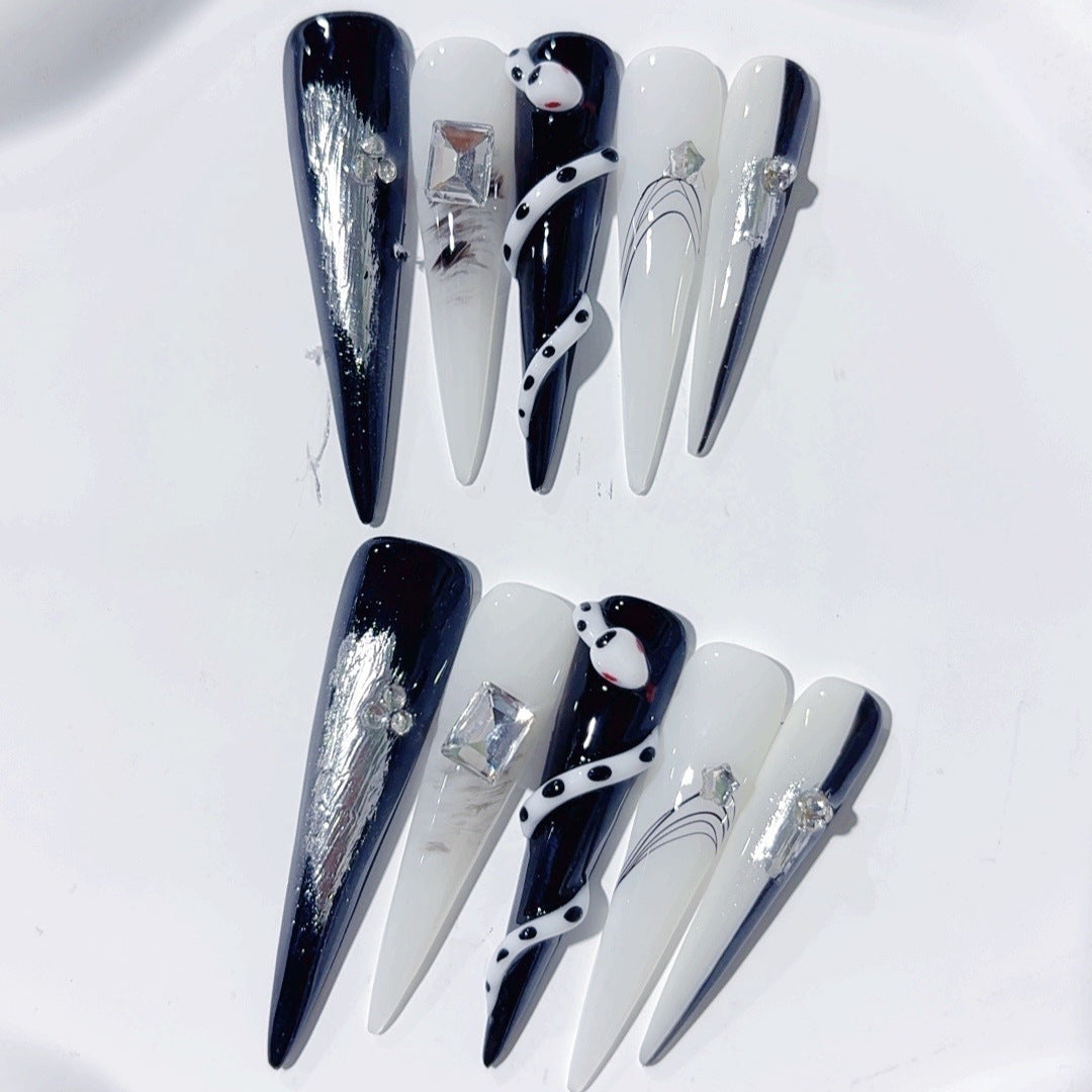 Black White Snake Graphic Crystal Statement Press On Nails