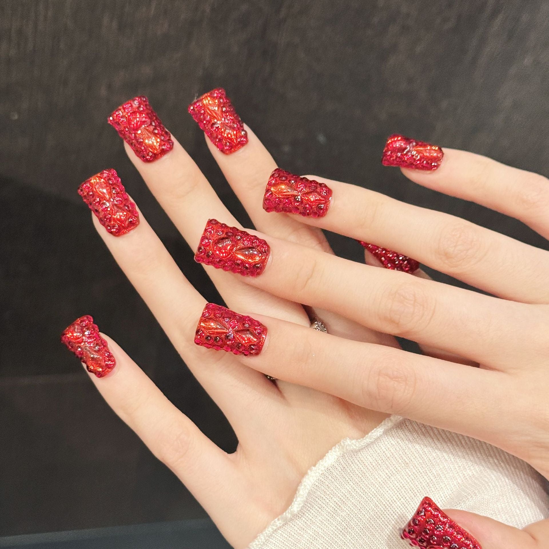 365nails: "Crimson Fire" – 3D Textured Red Glitter Handmade Coffin Nails