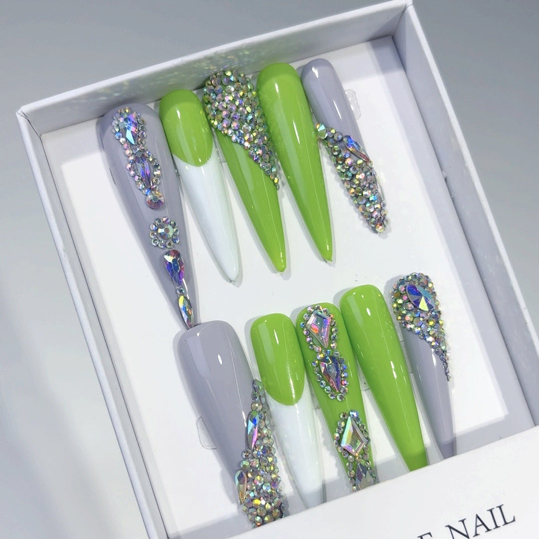 Neon Green Rhinestone Extra Long Press On Nails