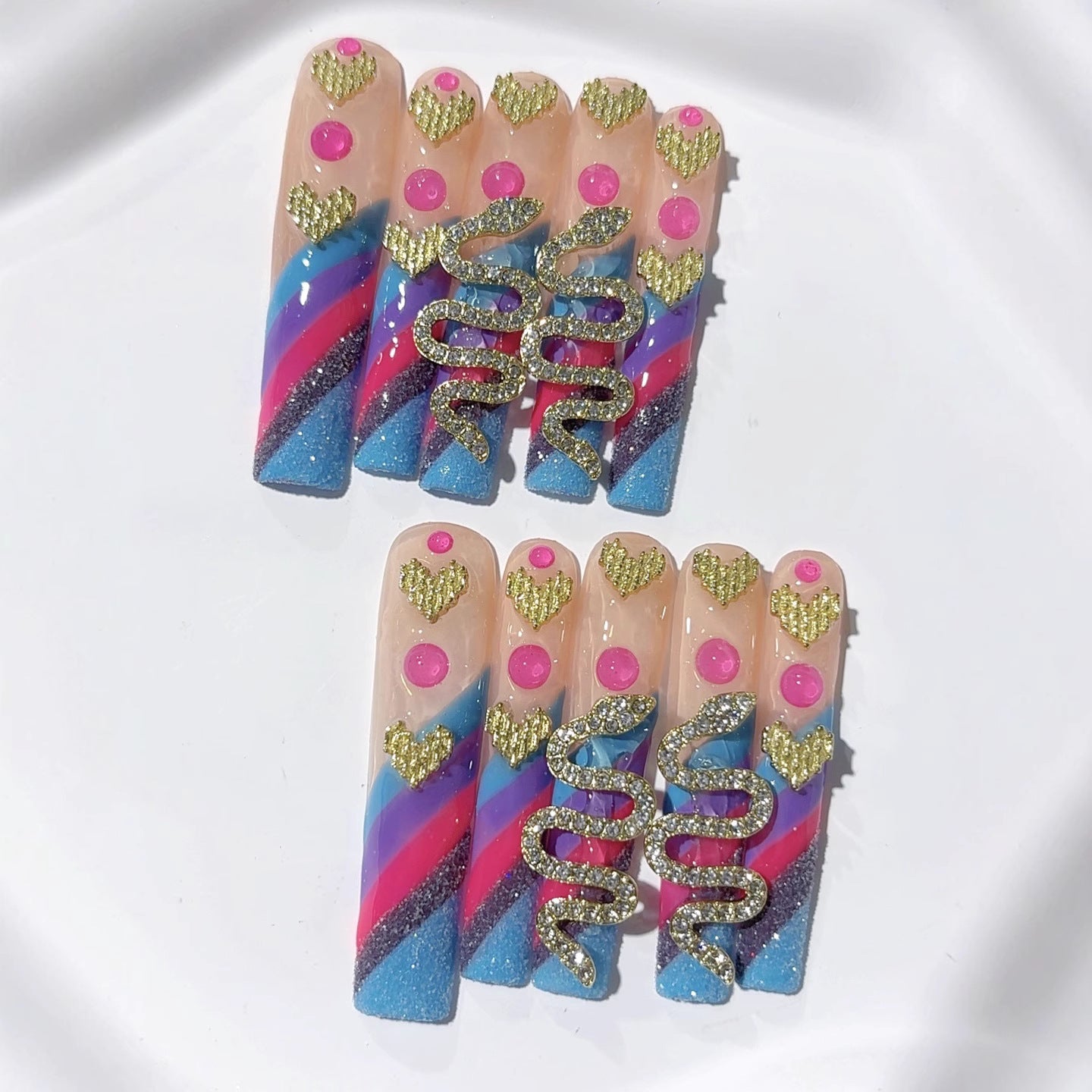 Colorful Gold Snake Extra Long Coffin Press On Nails