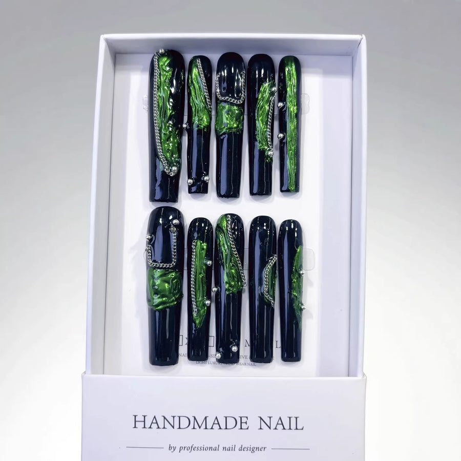Emerald Envy: "Venom Vein" – Extra Long Square Press-On Nails
