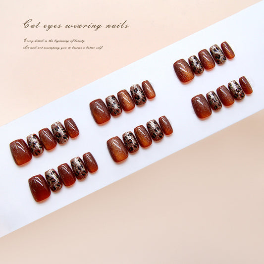 Nail Tips  prefabricated nail caramel fine flash leopard print cat eye girl white versatile nail art tablets 30 pieces｜365nails