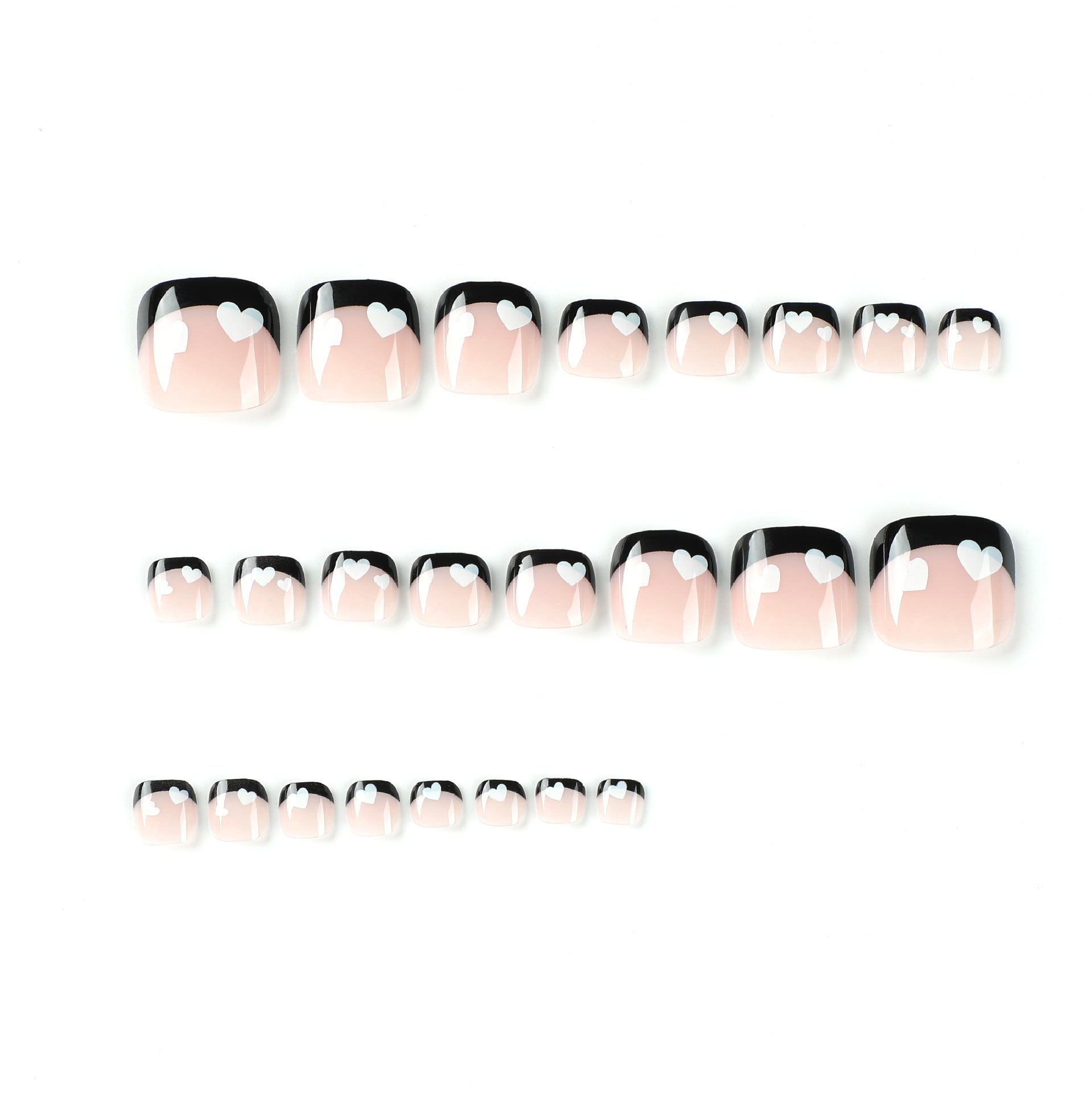 黑色法式足部甲片 白色愛心圖案 批發成品｜365nails