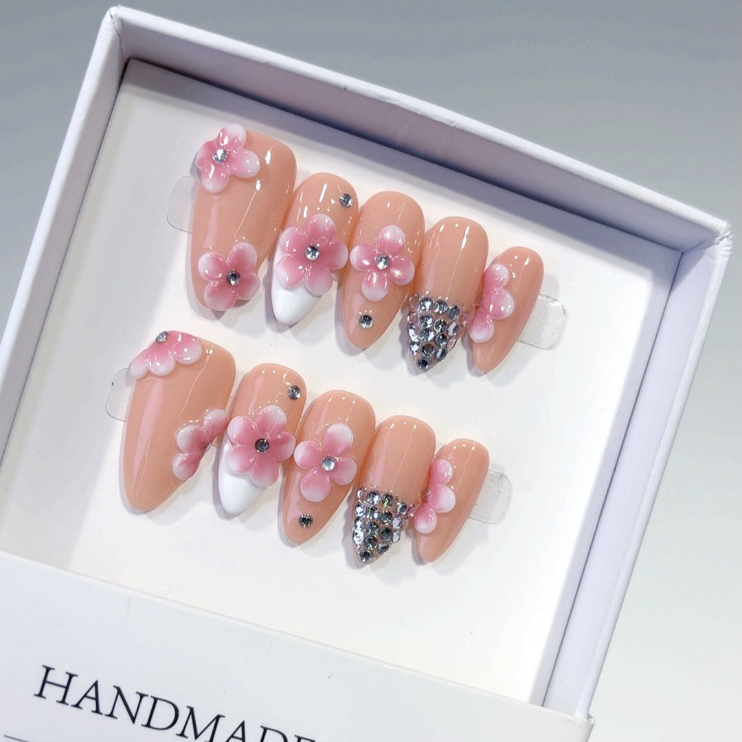 Éclat Sakura : "Floraison Rose" – Ongles press-on fait main forme amande mi-long