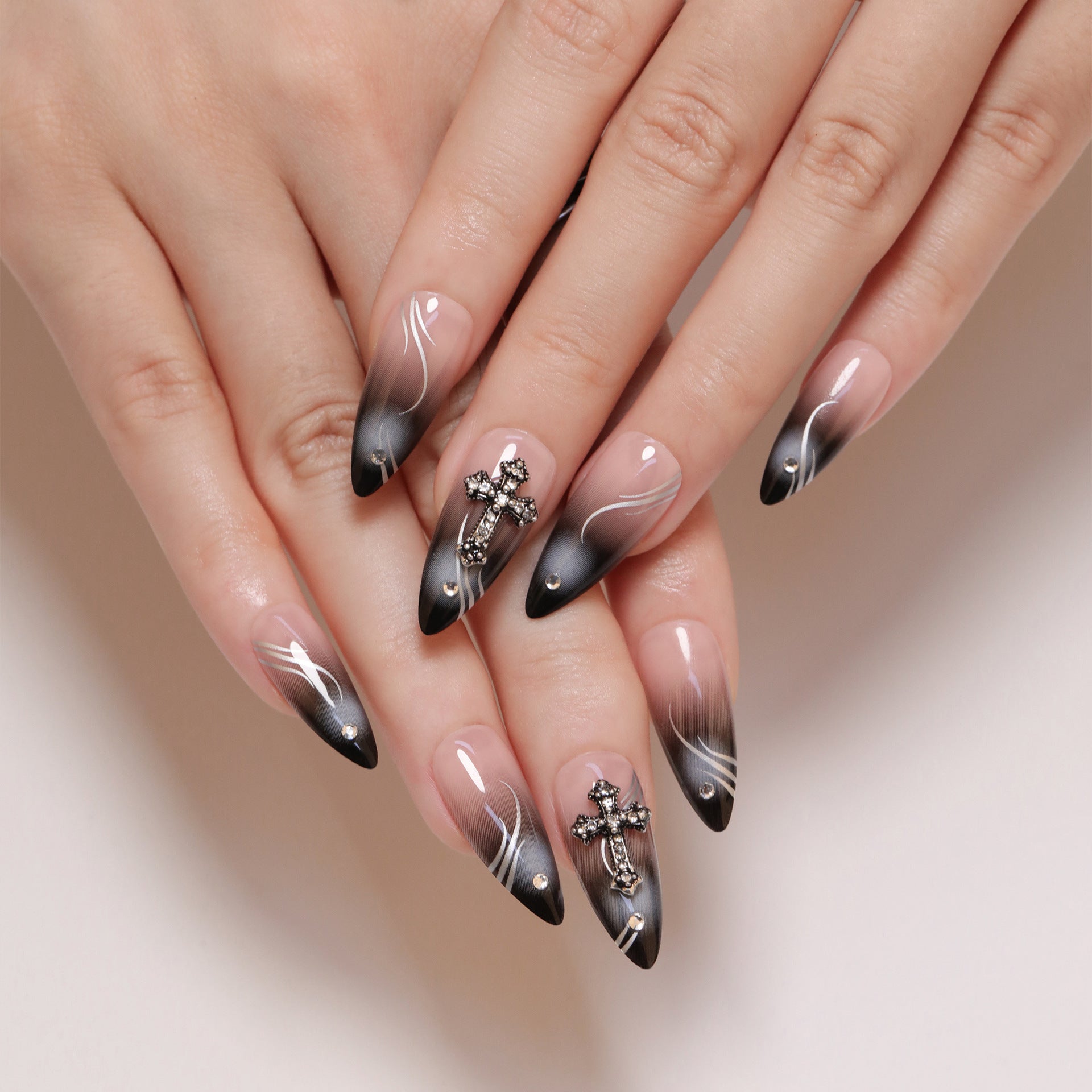 Red-Black Ombre Flame-Inspired Handmade Press-On Nails | Stiletto | Silver Cross Charms with Rhinestones