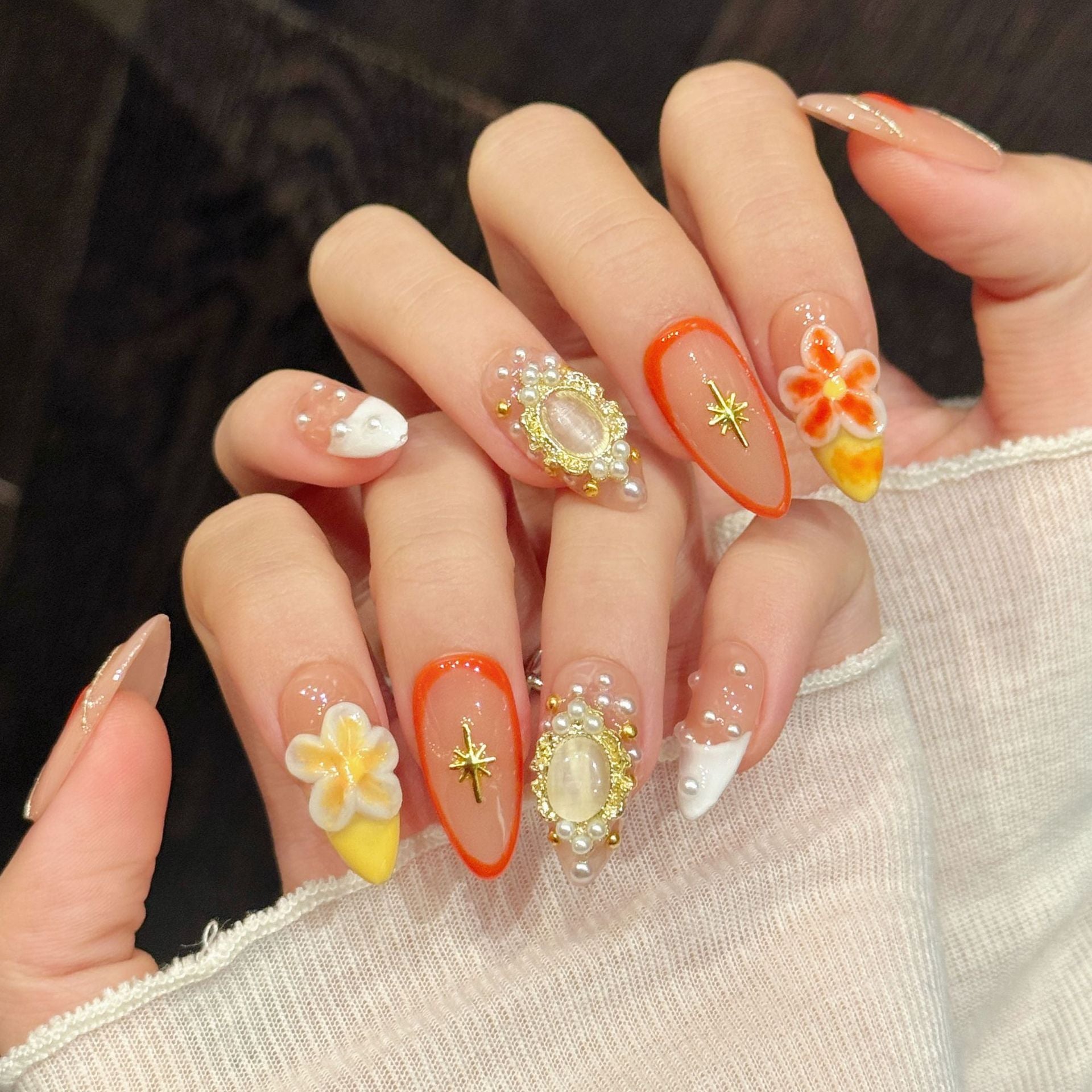 Tropical Flower Pearl Accent Press On Nails