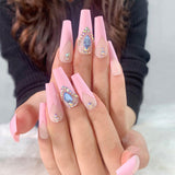 Balé francês longo com strass azul, linha ondulada, pequena flor preta, para manicure, fornecimento direto, patch 365nails