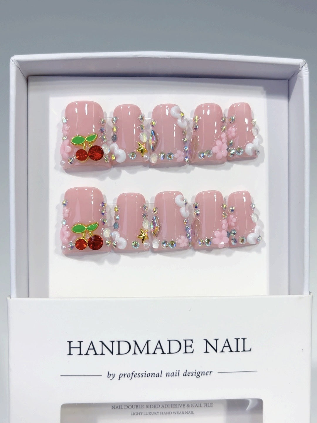 Cherry Sweet: "Sparkle Cherry Cloud" – Square Press-On Nails