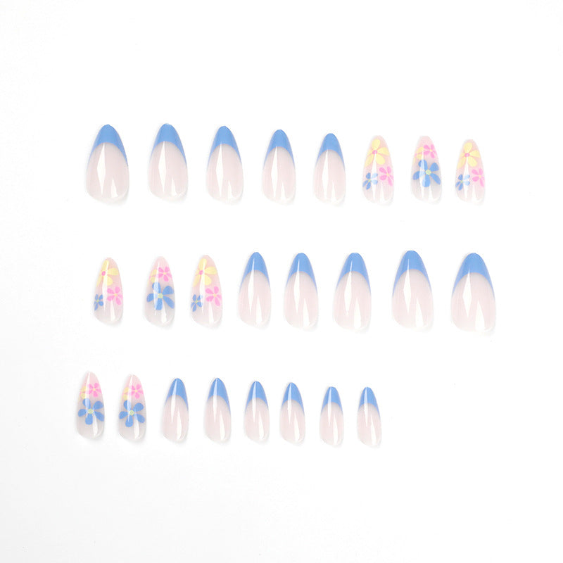 藍邊法式簡約花朵穿戴甲 批發｜365nails