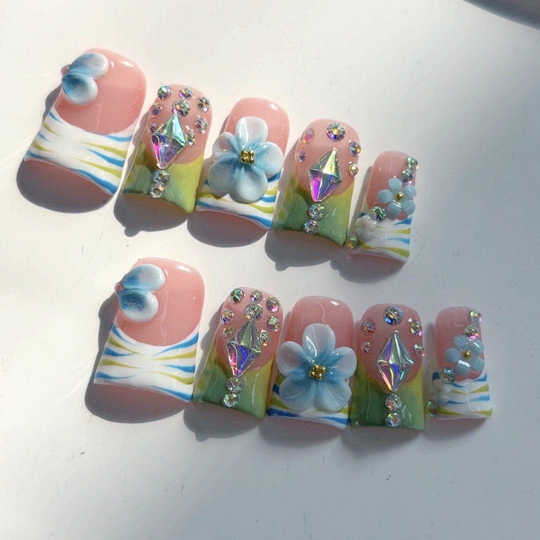 Spring Garden: "Blossom Jewel" – Unhas Postiças Quadradas Curtas Feitas à Mão