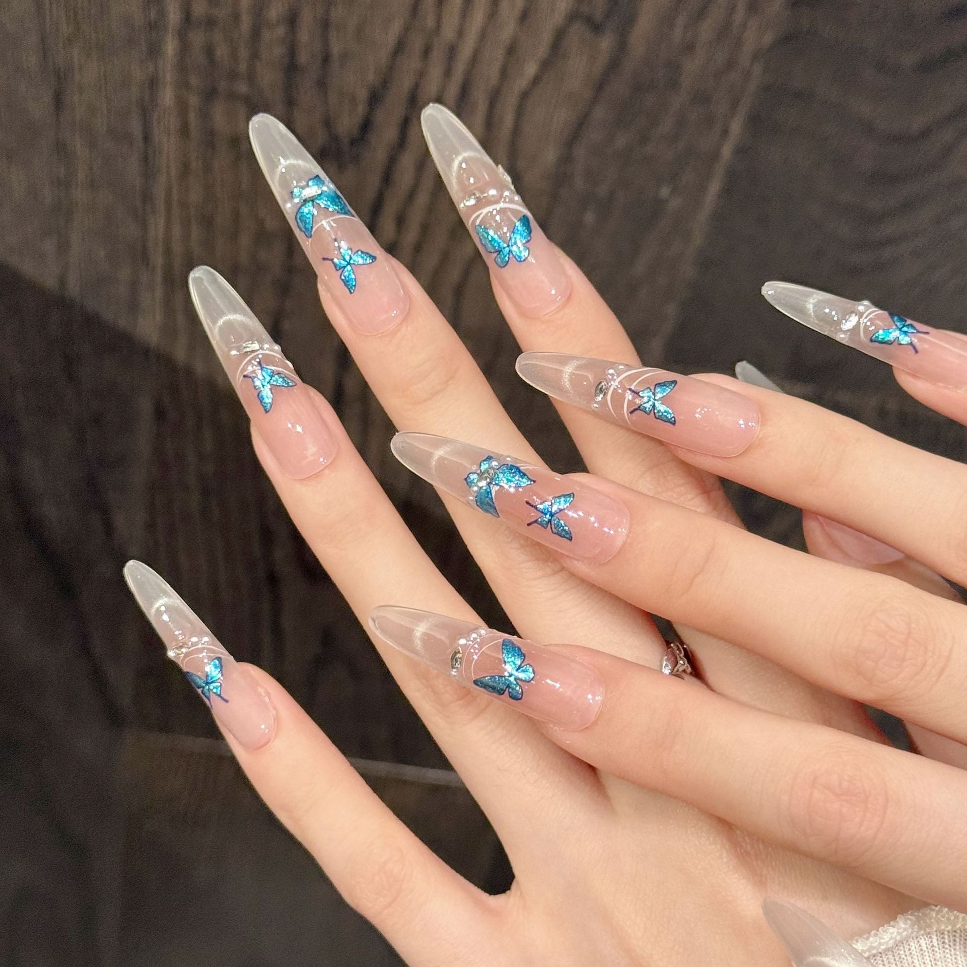 Blue Butterfly Sparkle Nude Pink Elegant Crystal Nails