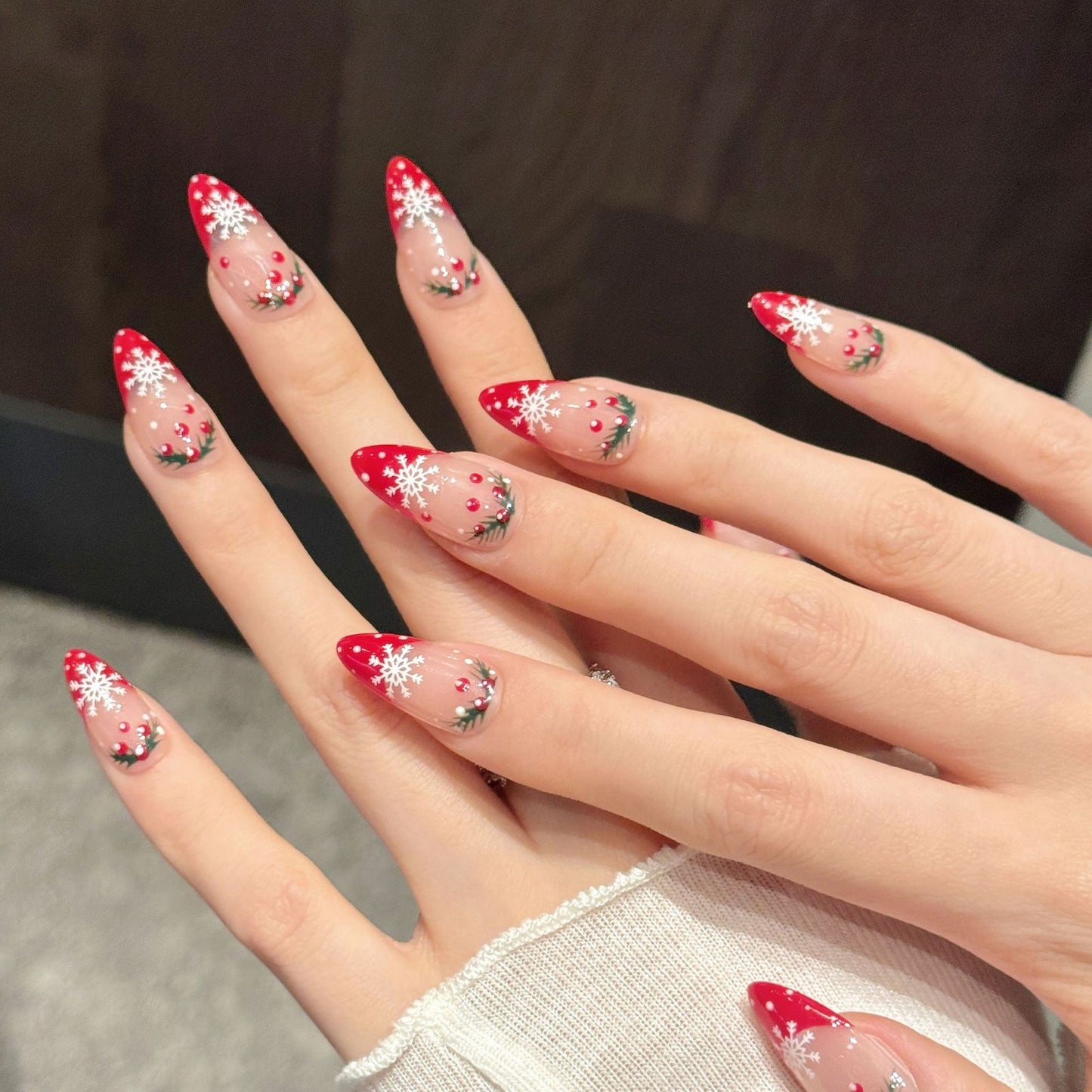 Red Snowflake Christmas French Gradient Press On Nails