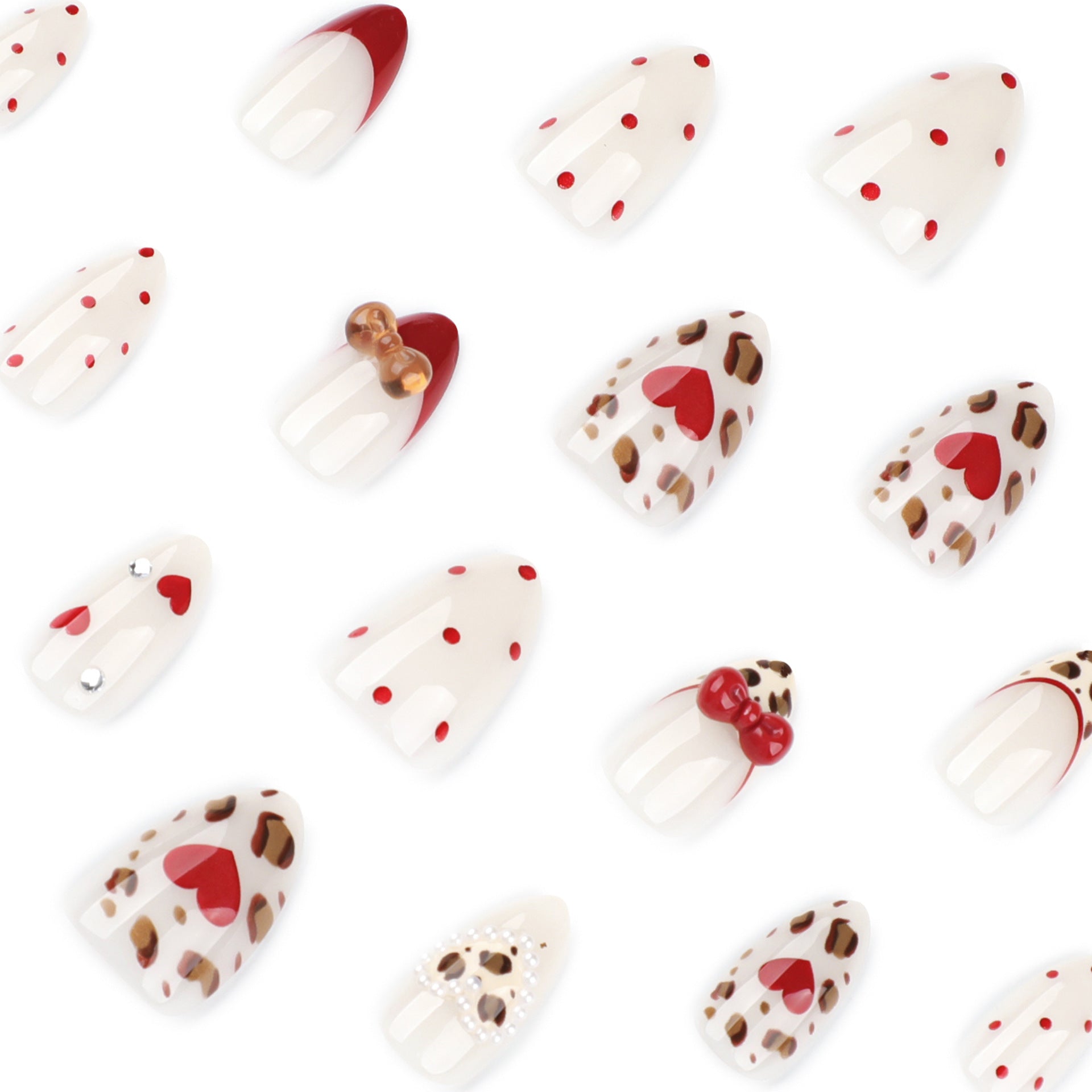 Point diamond three-dimensional bow Japanese style short almond shape love press-on nails
