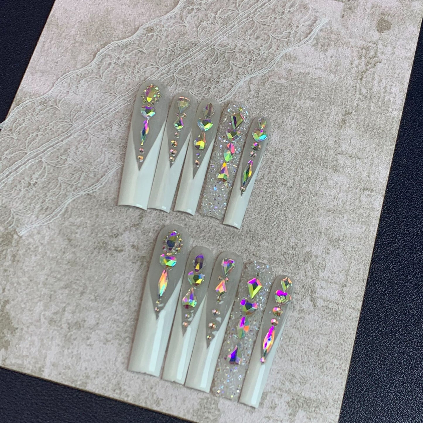 White Crystal Extra Long Coffin Press On Nails