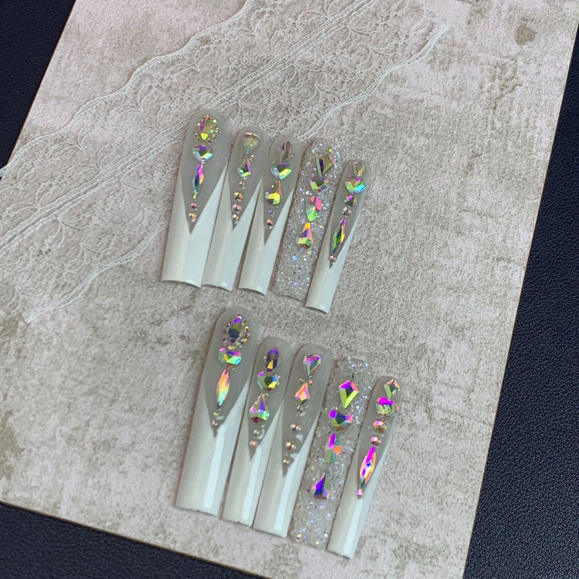 White Crystal Extra Long Coffin Press On Nails
