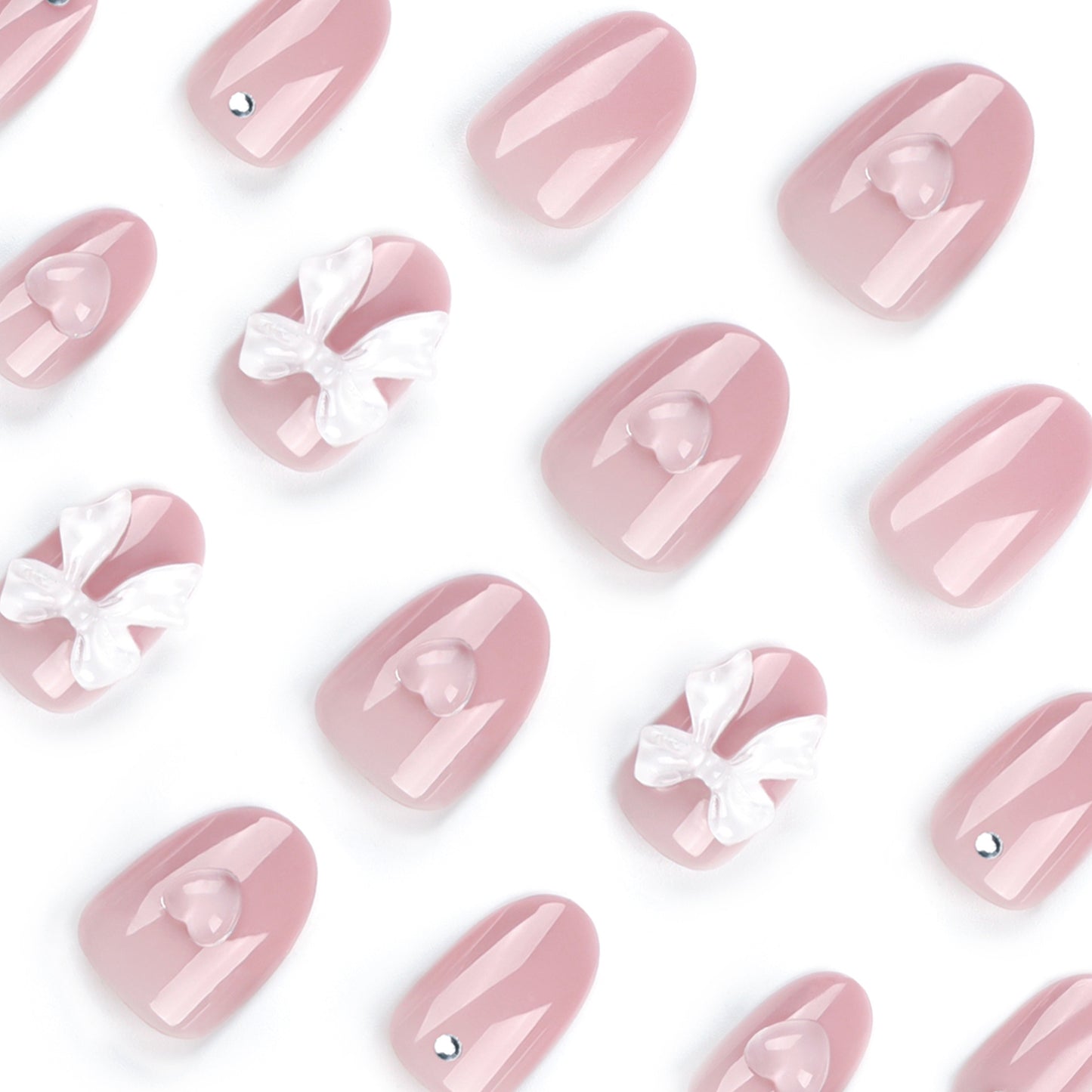 Naked pink solid color  white bow love manicure  removable fake nail wholesale｜365nails