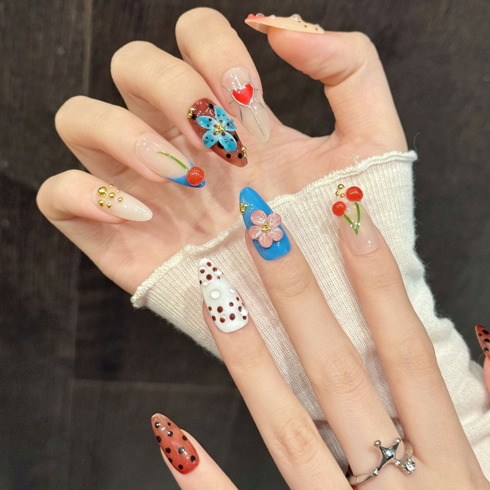Cherry Floral Polka Artistic Fun Nails