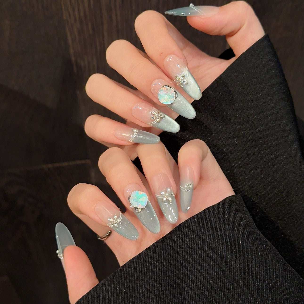 365nails: "Aurora Whisper" – Handcrafted Mint Ombre & Crystal Accents Almond Nails