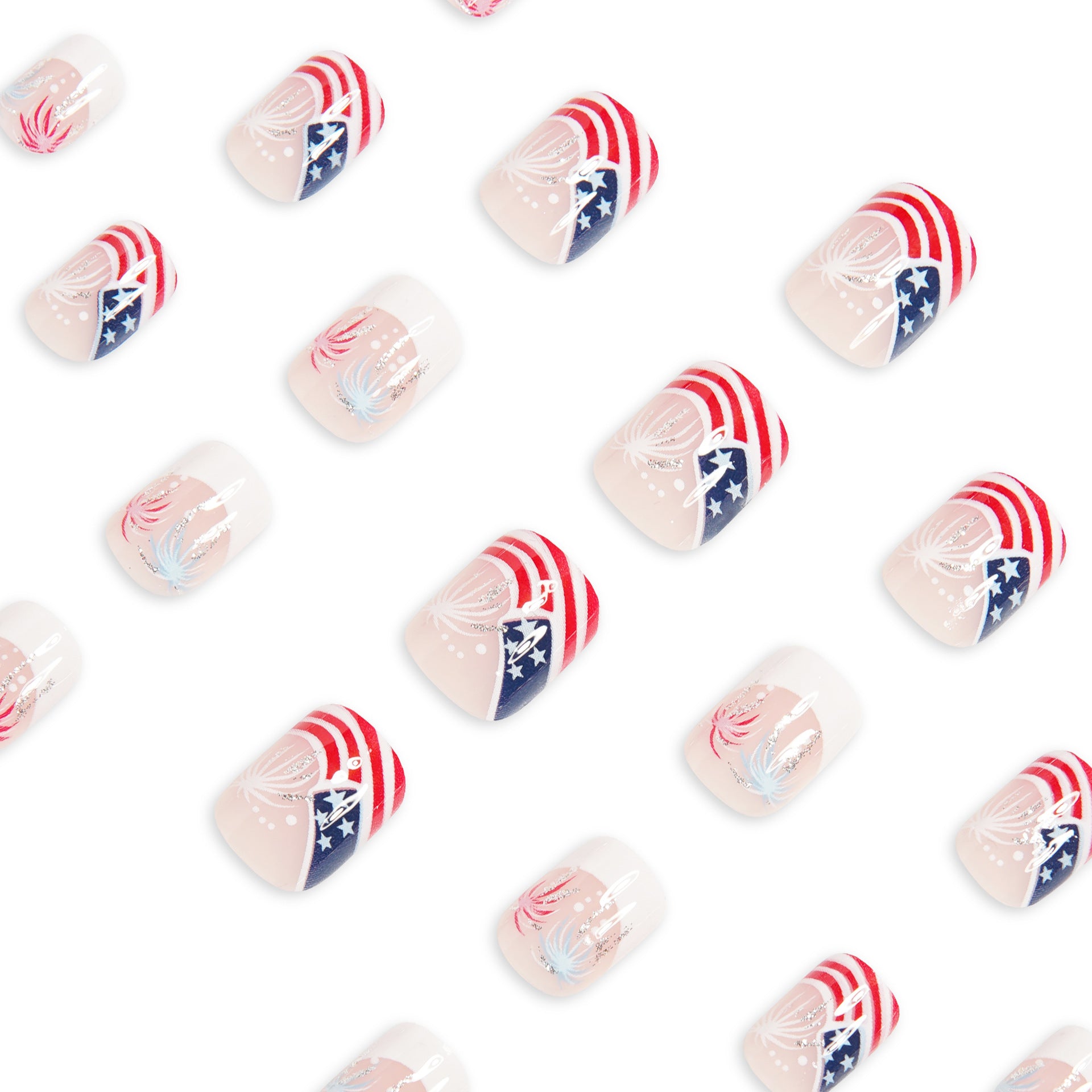 365nails: 독립기념일 불꽃 스타 스트라이프 프렌치 숏 프레스온 네일