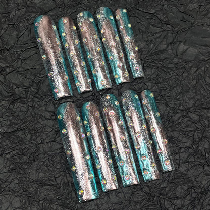 Super long water pipe nail art pink and blue two-color gradual change handmade press-on nails  long finished nail art wholesale｜365nails