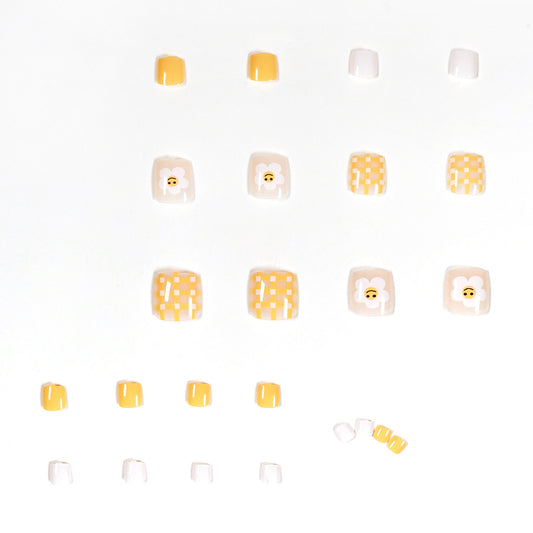 Summer fresh flower yellow plaid foot nail wear nail art finished fake nail nail nail patch removable nail piece｜365nails