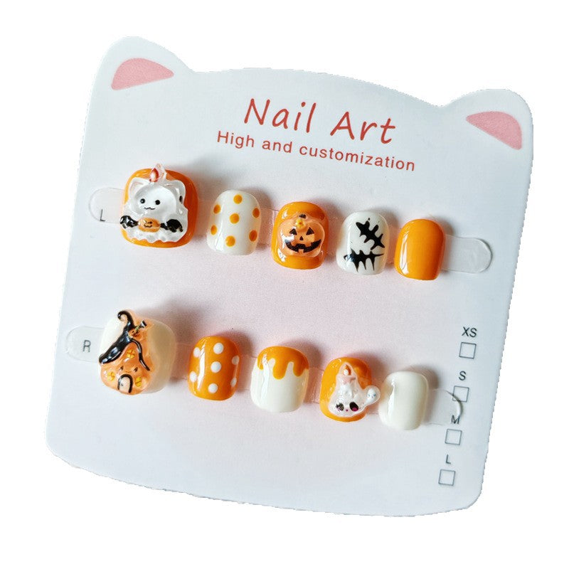 365nails-Halloween Pumpkin Kids Series: "Pumpkin Ghost Festival" – Short Square Kids Nail Art
