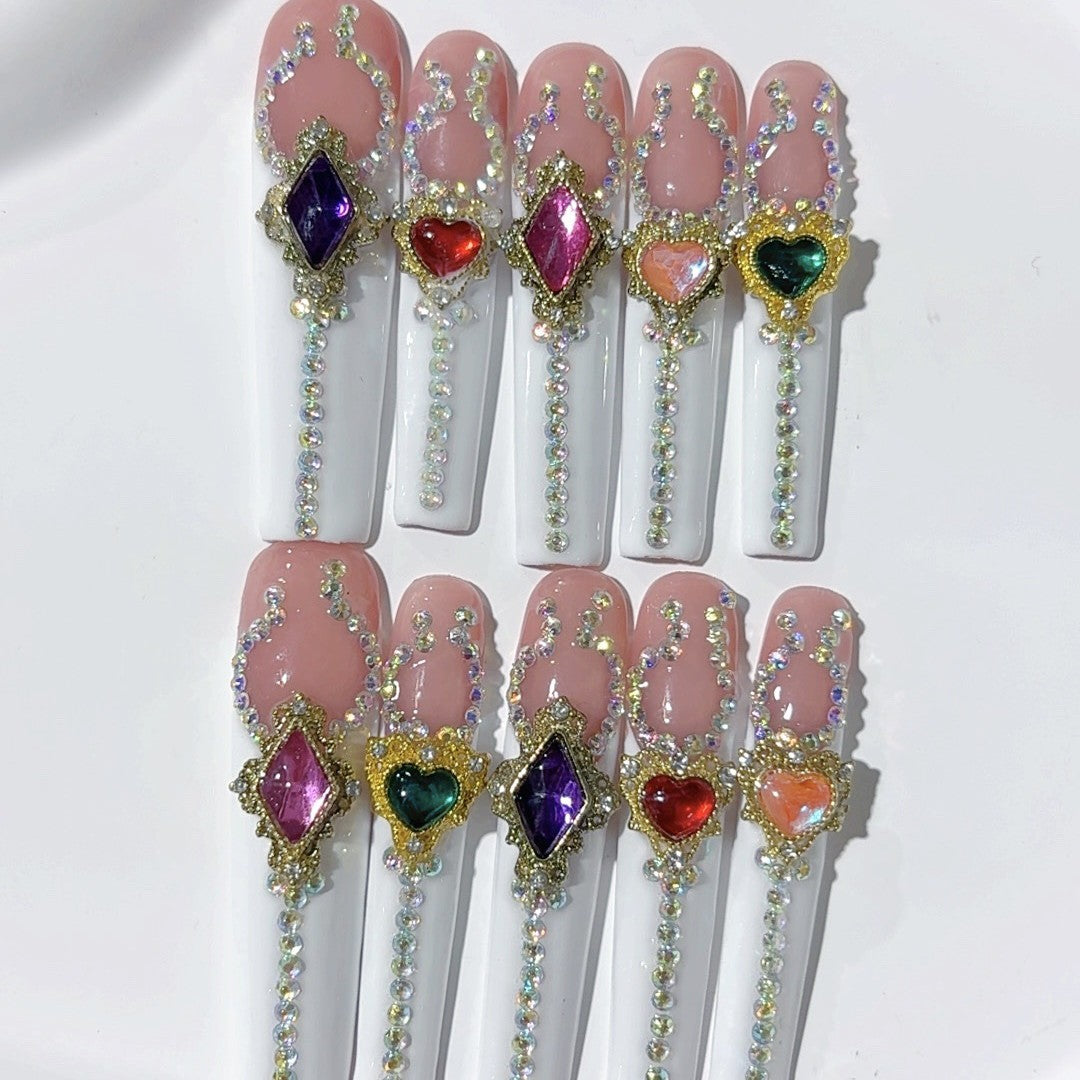 Multicolor Heart Gem Extra Long Press On Nails