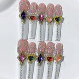 Multicolor Heart Gem Extra Long Press On Nails