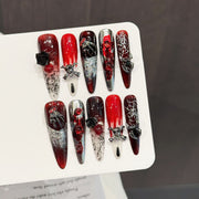 365nails: "Crimson Thorn" – 3D Rose & Spiderweb Handmade Long Stiletto Nails