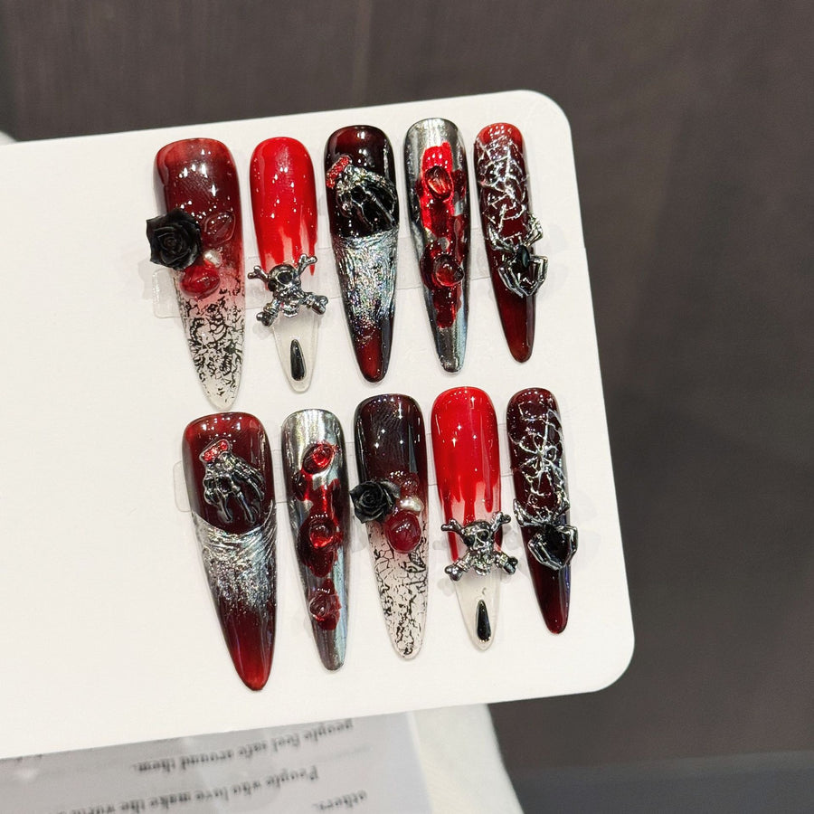 365nails: "Crimson Thorn" – 3D Rose & Spiderweb Handmade Long Stiletto Nails