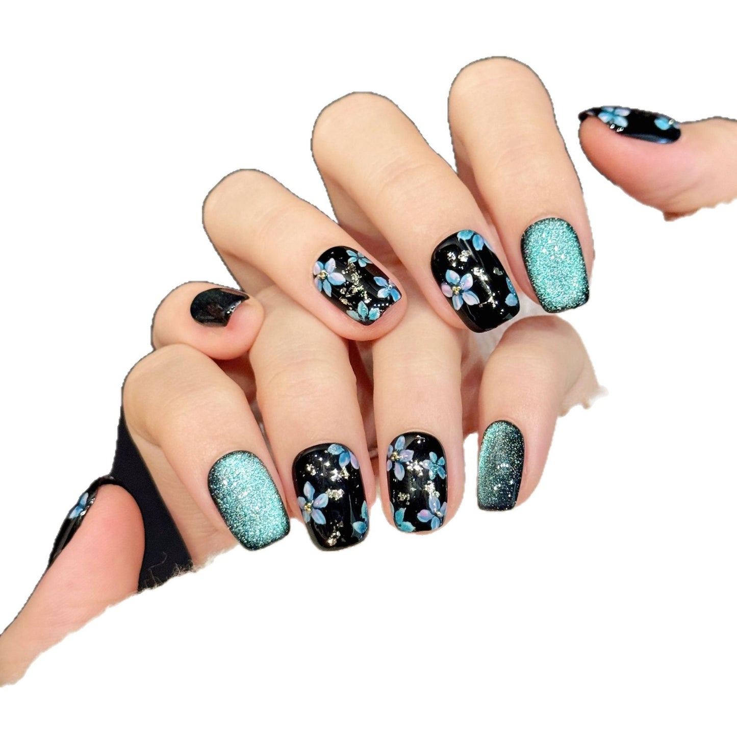 Midnight Blue Floral Glitter Press On Nails