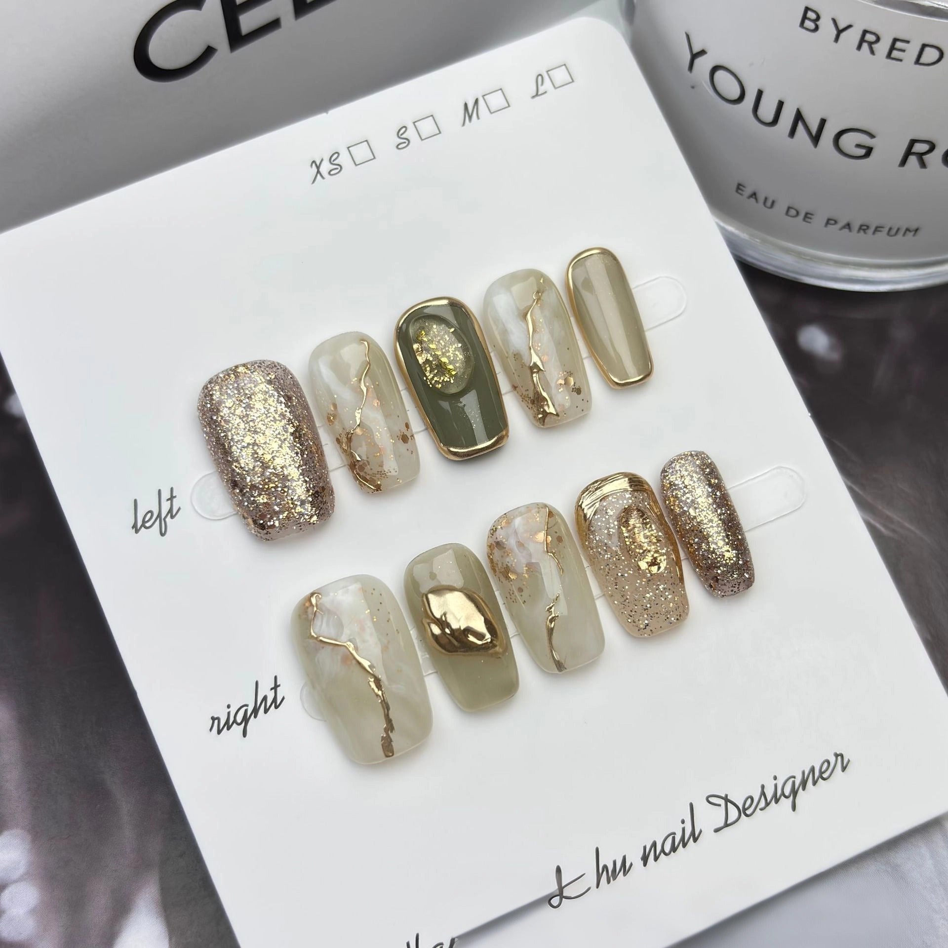 Siri Jade Mewah: "Olive Gold Vein" – Kuku Tekan Buatan Tangan Bentuk Square Sederhana