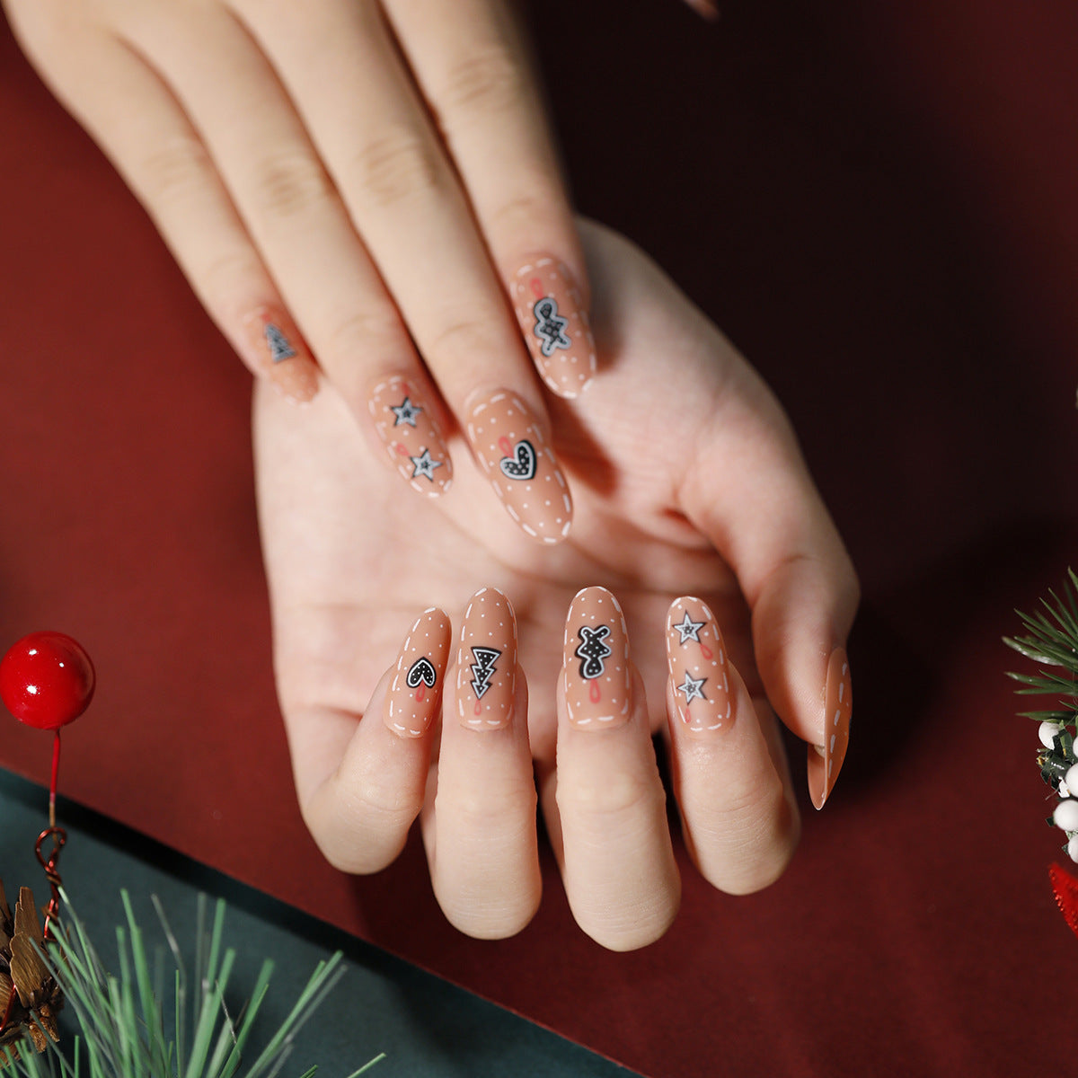 Uñas navideñas con diseño de copos de nieve, diseño de muñeco de nieve, manicura corta con lazo almendrado y uñas largas, venta al por mayor | 365nails
