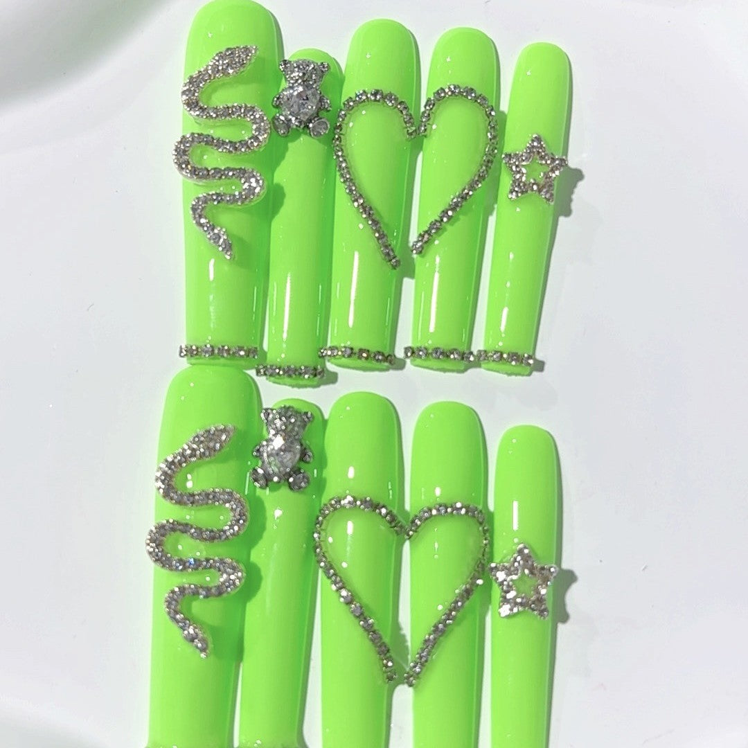 Neon Green Crystal Heart Statement Press On Nails
