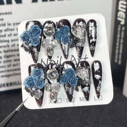 Blue Enchantress Premium Cold Atmosphere Handmade press on nails  Heavy Industry Stacking Diamond Long Nail Art｜365nails