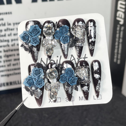 Blue Enchantress Premium Cold Atmosphere Handmade press on nails  Heavy Industry Stacking Diamond Long Nail Art｜365nails
