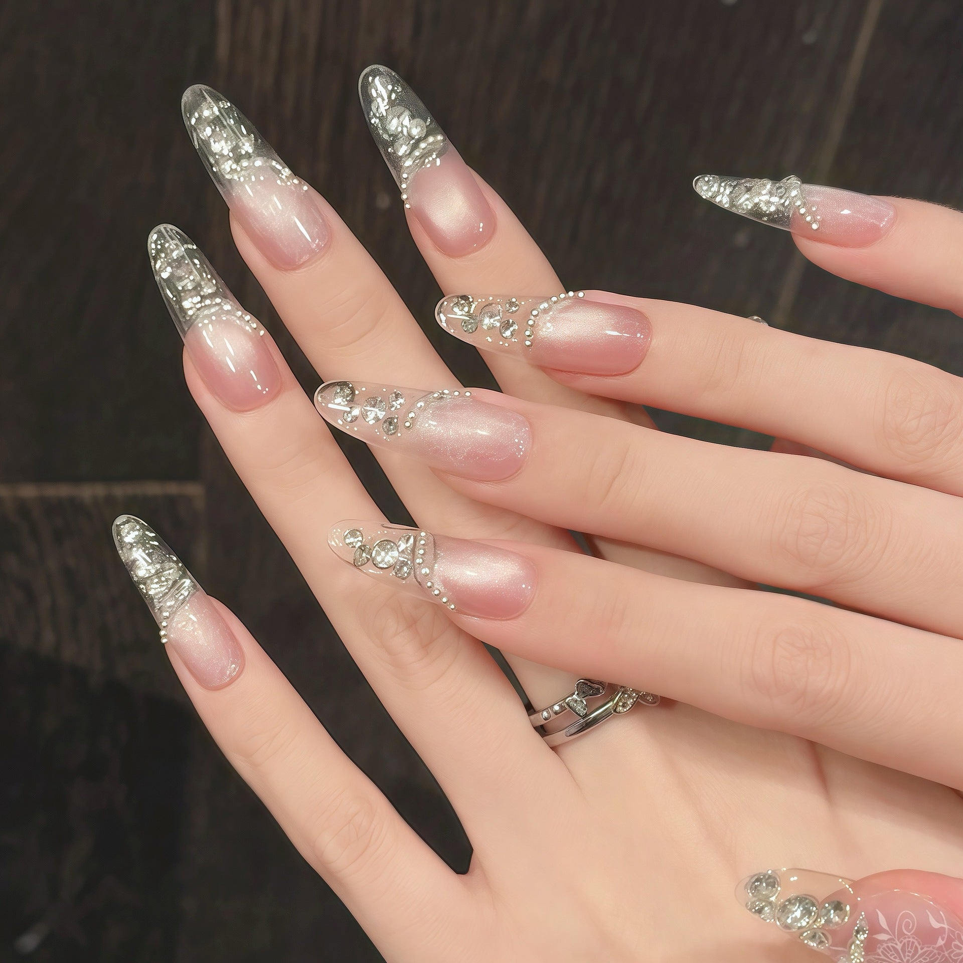 365nails: "Celestial Cascade" – 3D Gem & Pearl Embellished Cat-Eye Handmade Almond Nails