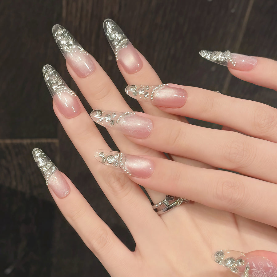 365nails: "Celestial Cascade" – 3D Gem & Pearl Embellished Cat-Eye Handmade Almond Nails